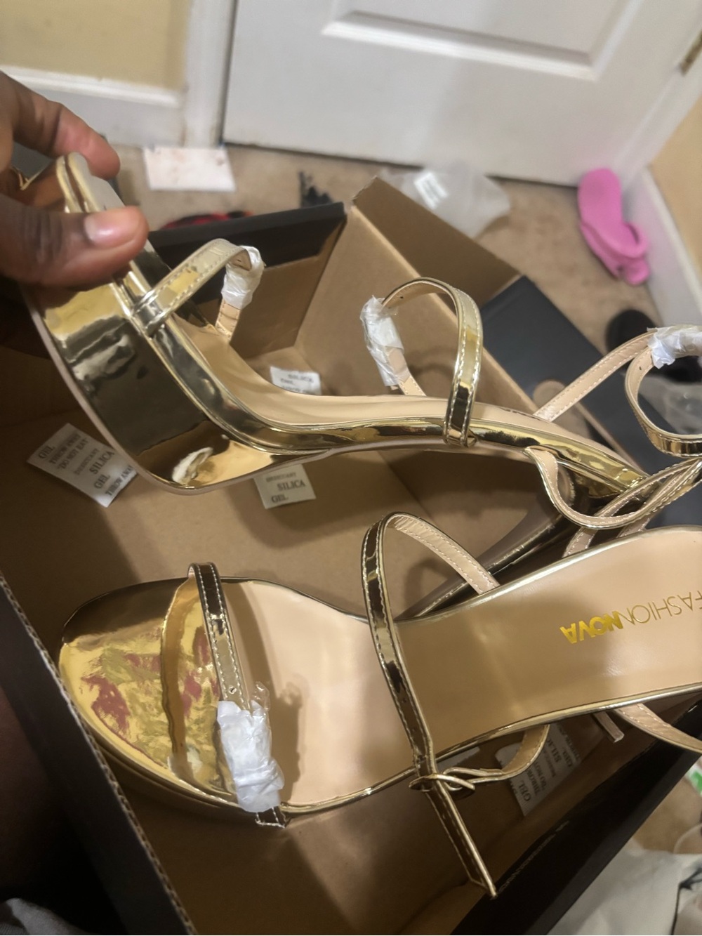 Fashion Nova Metallic Gold Strappy Block Heel Sandals
